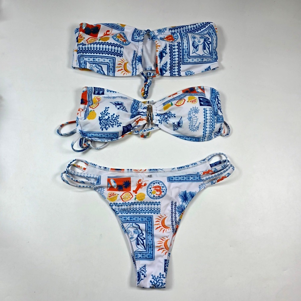 3 Piece Bikini Set Womens L White Blue Mediterranean Tile Print Swim Newport fit
